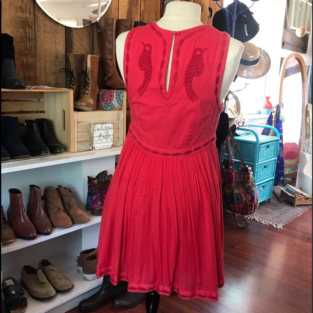 Free People Embroidered Red Mini Dress Size 8 - Picture 2 of 6